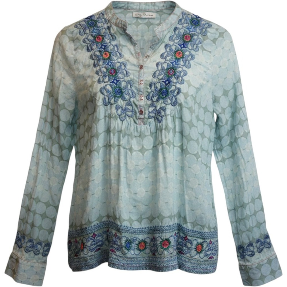3J Workshop Johnny Was Blue Green Polka Dot Embroidered Cotton Henley Blouse